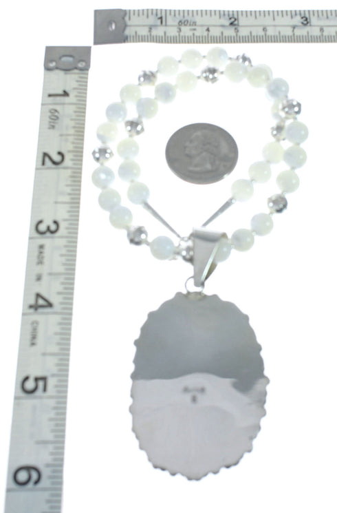 Native American Sterling Silver Mother of Pearl Bead Necklace Feather Pendant XS10042