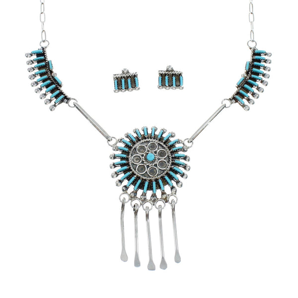 Zuni Sterling Silver & Turquoise Needlepoint Necklace & Earring Set SN20285