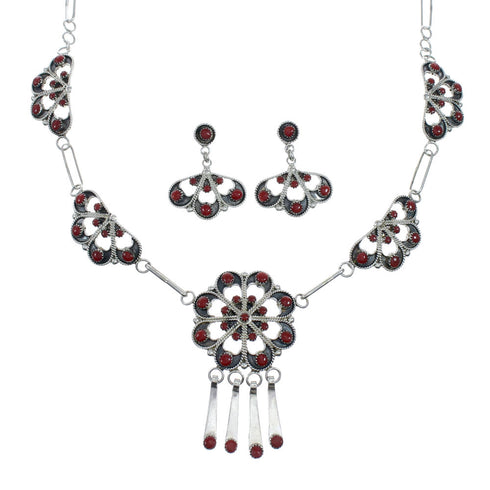 Sterling Silver Coral Zuni Necklace and Earring Set SN20288