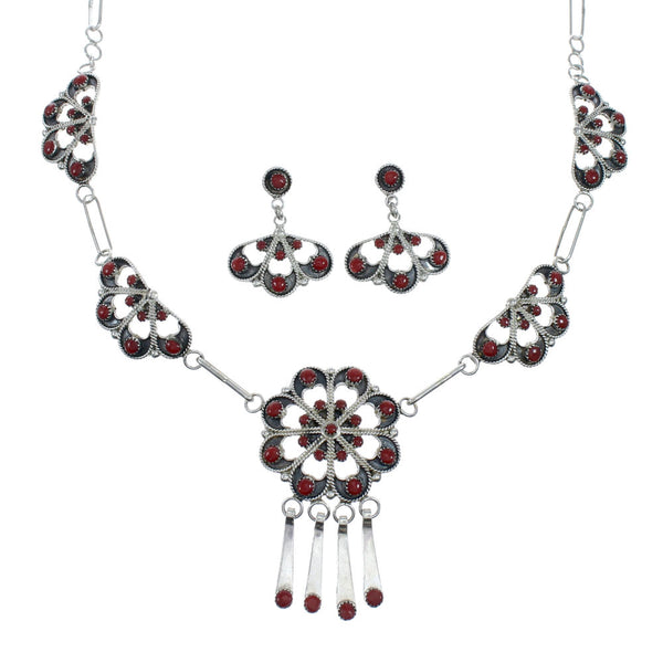 Sterling Silver Coral Zuni Necklace and Earring Set SN20288