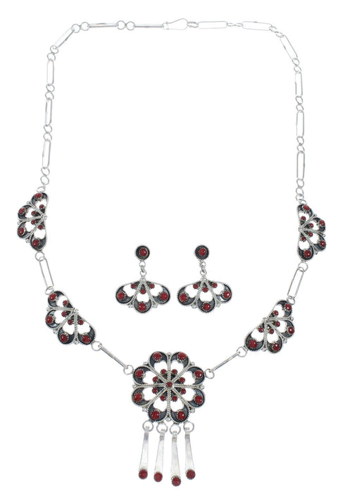 Sterling Silver Coral Zuni Necklace and Earring Set SN20288