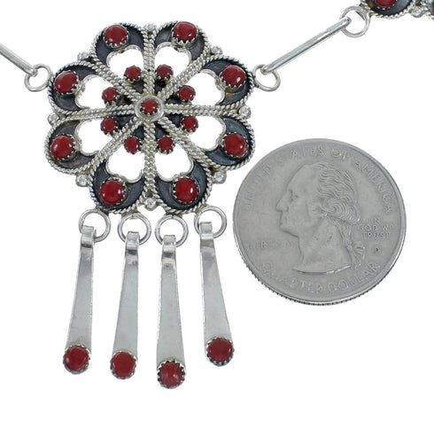 Sterling Silver Coral Zuni Necklace and Earring Set SN20288