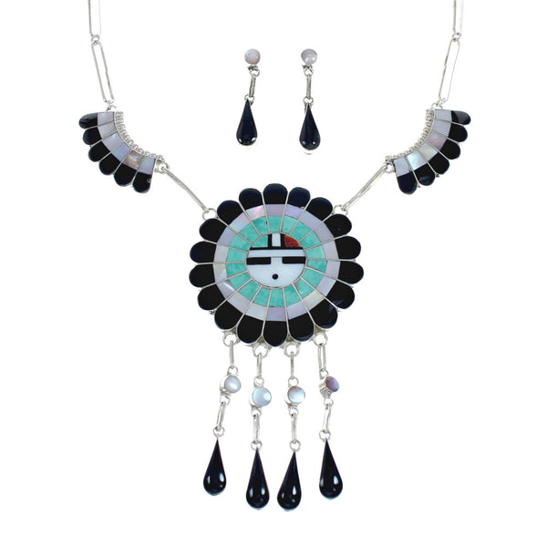 Zuni Sterling Silver Multi-Stone Inlay Sunface Necklace & Earrings Set SN20307