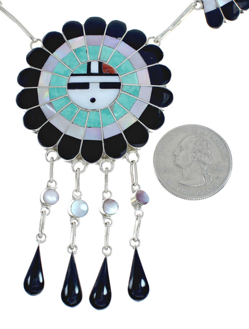 Zuni Sterling Silver Multi-Stone Inlay Sunface Necklace & Earrings Set SN20307