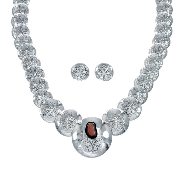Navajo Reversible Sterling Silver and Coral Necklace Earrings Set SN20290