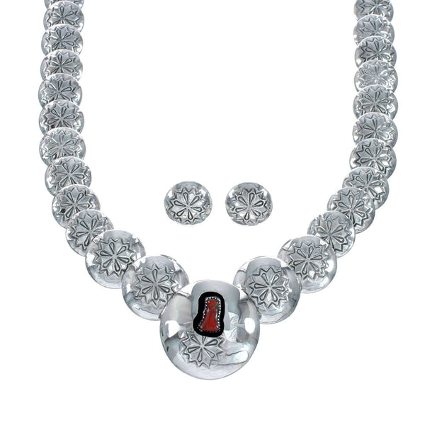 Navajo Reversible Sterling Silver and Coral Necklace Earrings Set SN20292