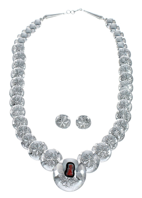 Navajo Reversible Sterling Silver and Coral Necklace Earrings Set SN20292