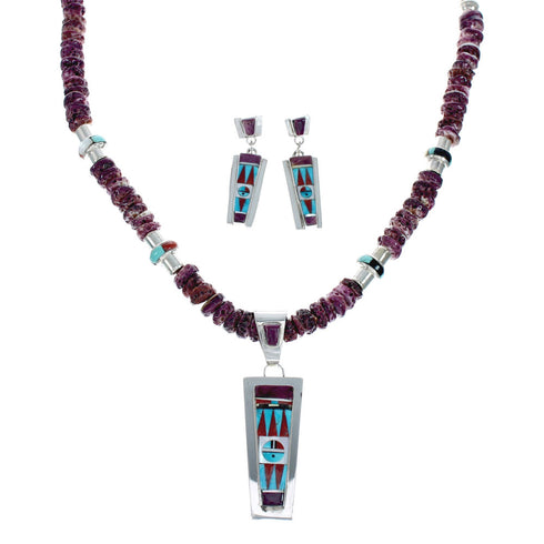 Zuni Sun Sterling Silver Multicolor Inlay Necklace & Earrings Set SN20308