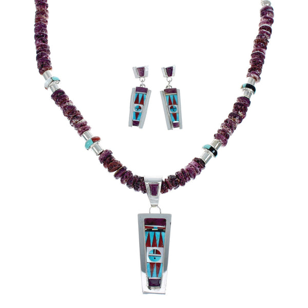 Zuni Sun Sterling Silver Multicolor Inlay Necklace & Earrings Set SN20308