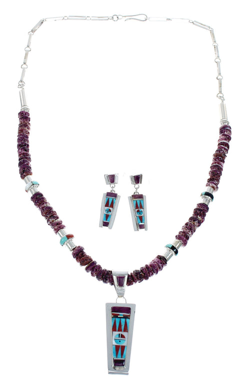 Zuni Sun Sterling Silver Multicolor Inlay Necklace & Earrings Set SN20308