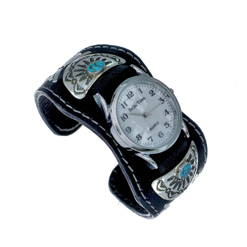 Navajo Turquoise Sterling Silver And Leather Cuff Watch SN20314