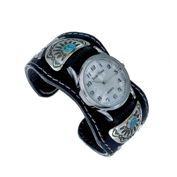 Navajo Turquoise Sterling Silver And Leather Cuff Watch SN20314