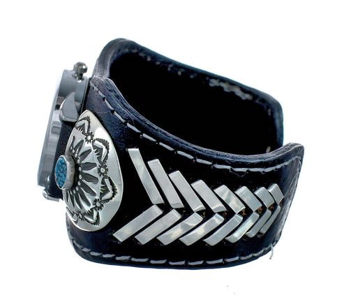 Navajo Turquoise Sterling Silver And Leather Cuff Watch SN20314