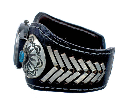Navajo Turquoise Sterling Silver And Leather Cuff Watch SN20315