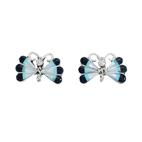 Zuni Indian Butterfly Multicolor Authentic Sterling Silver Post Stud Earrings SN20350