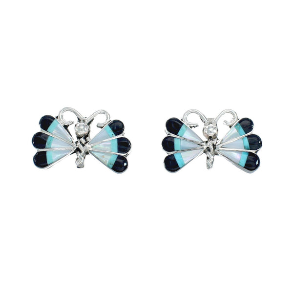 Zuni Indian Butterfly Multicolor Authentic Sterling Silver Post Stud Earrings SN20350