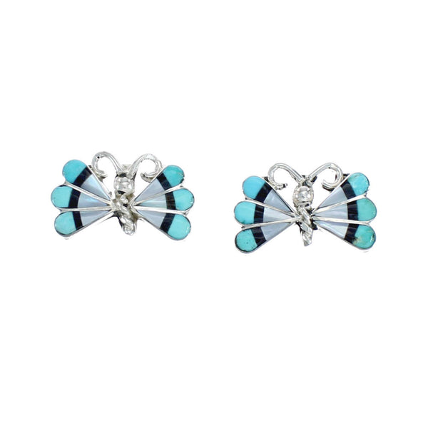 Zuni Indian Butterfly Multicolor Authentic Sterling Silver Post Stud Earrings SN20329