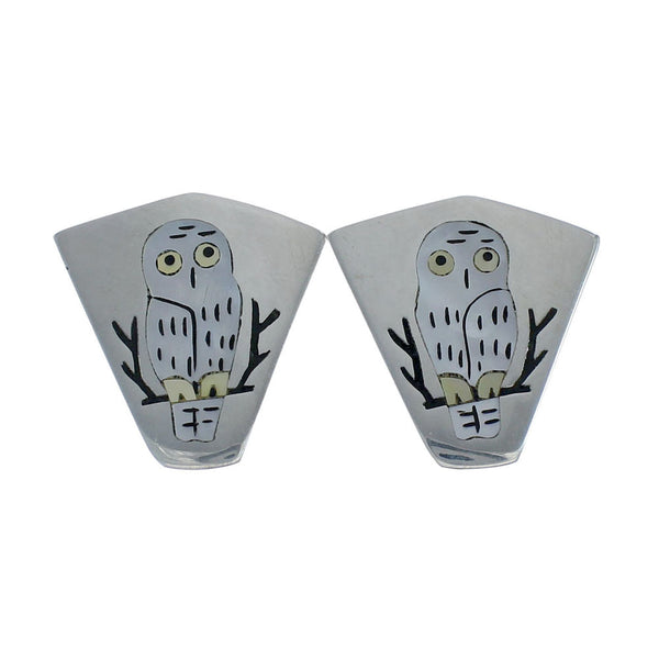 Zuni Multicolor Owl Sterling Silver Post Dangle Earrings SN20330