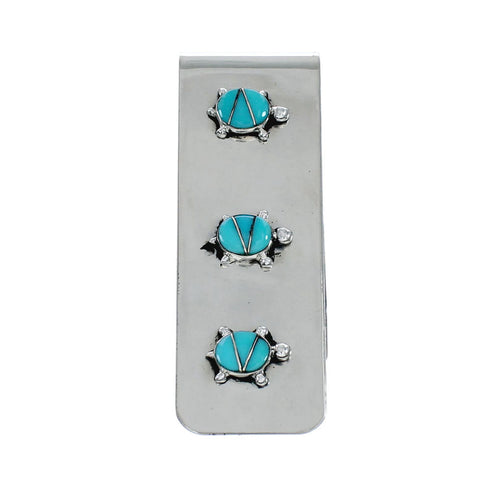 Zuni Sterling Silver And Turquoise Triple Turtle Inlay Money Clip SN20476