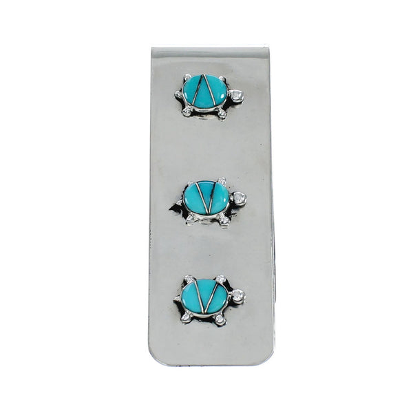 Zuni Sterling Silver And Turquoise Triple Turtle Inlay Money Clip SN20476