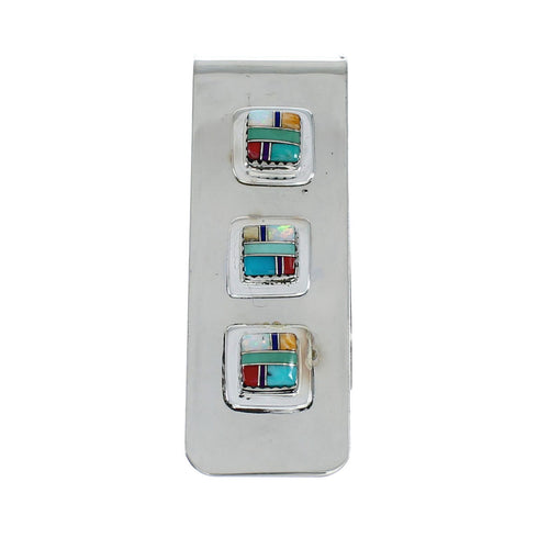 Sterling Silver And Triple Cube Multicolor Inlay Navajo Money Clip SN20474