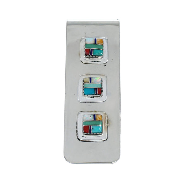 Sterling Silver And Triple Cube Multicolor Inlay Navajo Money Clip SN20474