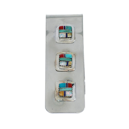 Sterling Silver And Triple Cube Multicolor Inlay Navajo Money Clip SN20473