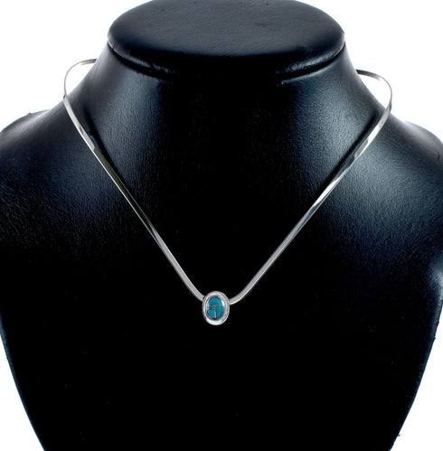 Sterling Silver Chevron Collar Turquoise Inlay Centerpiece Necklace SX10133