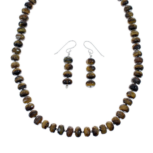 Navajo Tiger Eye Native American Silver Bead Necklace Earrings Set SX10145