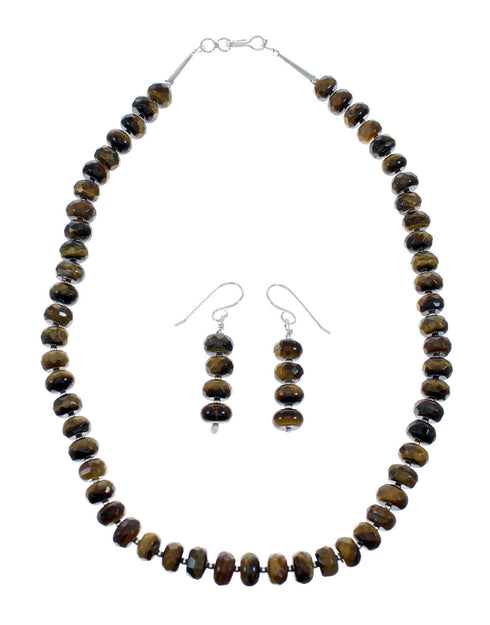 Navajo Tiger Eye Native American Silver Bead Necklace Earrings Set SX10145