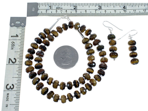 Navajo Tiger Eye Native American Silver Bead Necklace Earrings Set SX10145