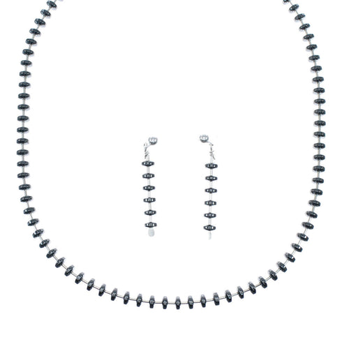 Liquid Silver And Hematite Navajo Bead Necklace Earrings Set SX10146
