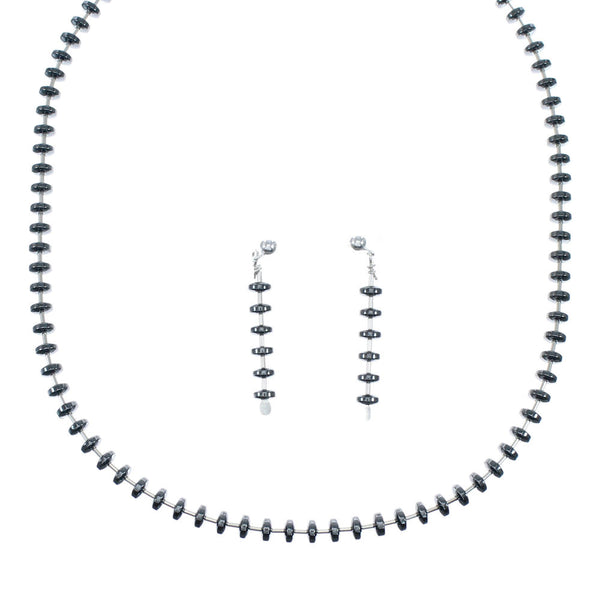 Liquid Silver And Hematite Navajo Bead Necklace Earrings Set SX10146