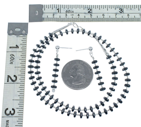 Liquid Silver And Hematite Navajo Bead Necklace Earrings Set SX10146