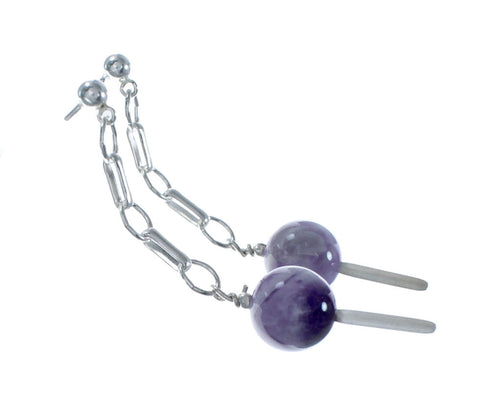 Sterling Silver Amethyst Bead Post Dangle Earrings SX10151