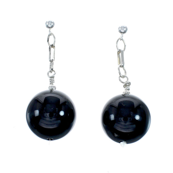 Sterling Silver Onyx Bead Post Dangle Earrings SX10153