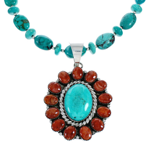 Native American Turquoise Oyster Shell Sterling Silver Navajo Necklace SX10156