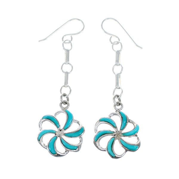 Genuine Turquoise Sterling Silver Flower Hook Dangle Earrings SN20479