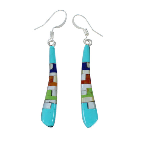 Southwest Multicolor Inlay Sterling Silver Hook Dangle Earrings SX10169
