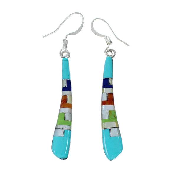 Southwest Multicolor Inlay Sterling Silver Hook Dangle Earrings SX10169