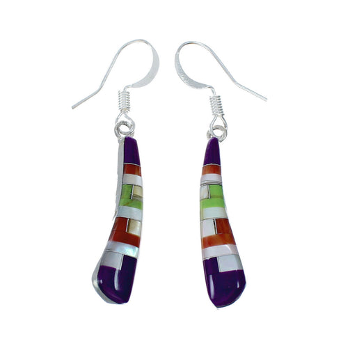 Southwest Multicolor Inlay Sterling Silver Hook Dangle Earrings SX10170