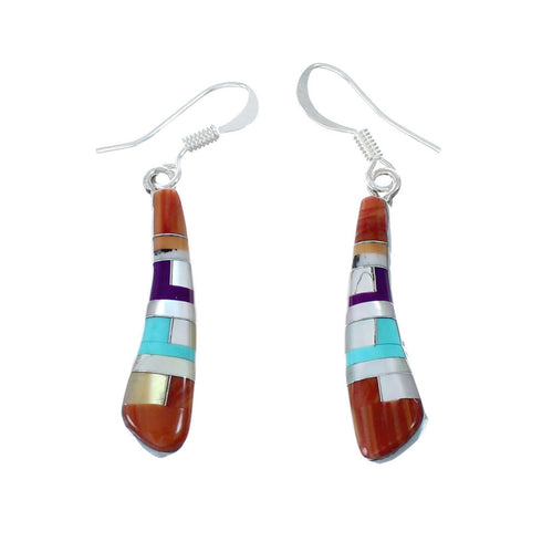 Multicolor Inlay Southwest Sterling Silver Hook Dangle Earrings SX10171