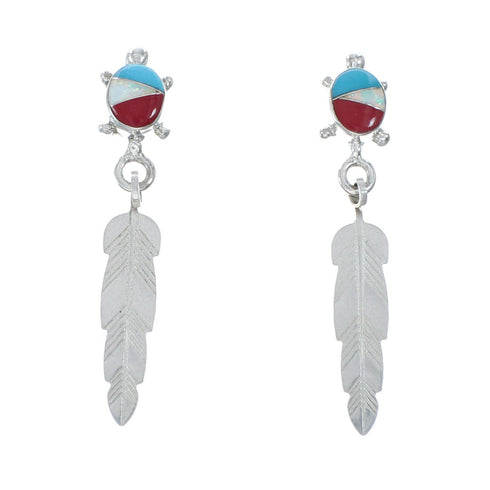 Multicolor Turtle And Feather Sterling Silver Post Dangle Earrings SX10167