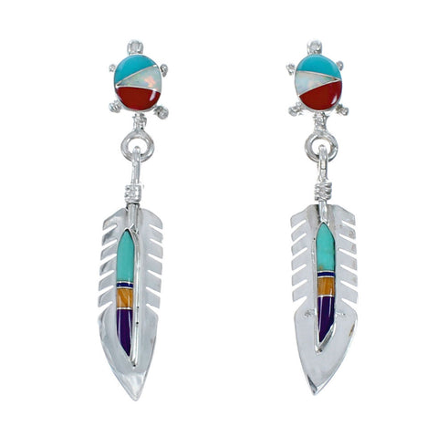 Turtle And Feather Multicolor Inlay Sterling Silver Post Dangle Earrings SX10168