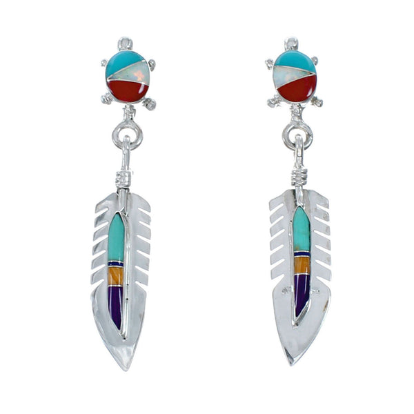 Turtle And Feather Multicolor Inlay Sterling Silver Post Dangle Earrings SX10168