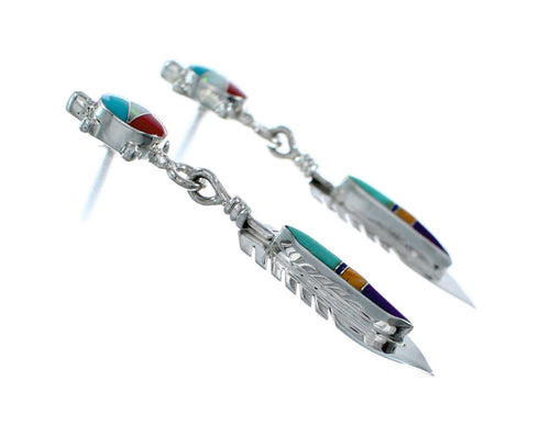 Turtle And Feather Multicolor Inlay Sterling Silver Post Dangle Earrings SX10168