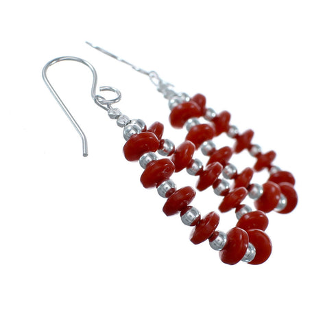 Sterling Silver Navajo Coral Bead Hook Dangle Earrings SX10191