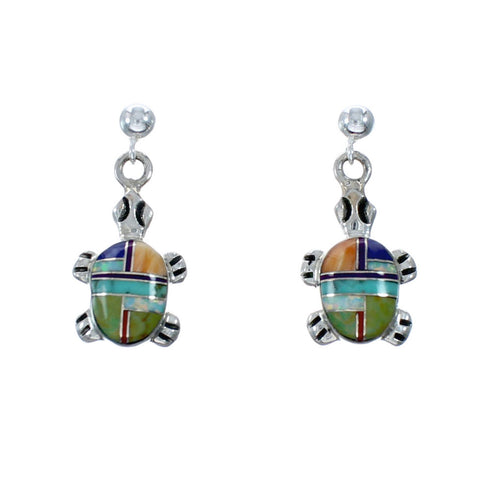 Multicolor Inlay Sterling Silver Turtle Post Dangle Earrings SX10196