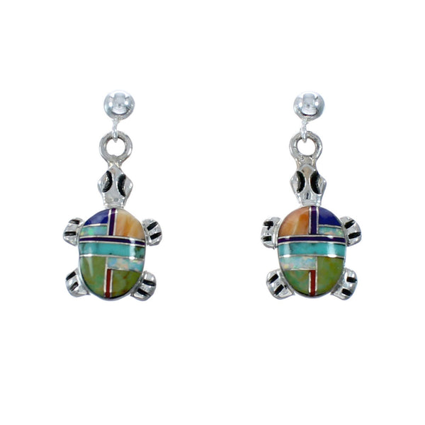 Multicolor Inlay Sterling Silver Turtle Post Dangle Earrings SX10196