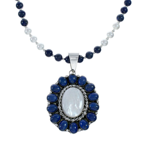 Navajo Lapis Mother Of Pearl Sterling Silver Necklace SX10185